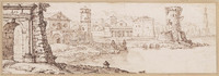 K V 090
<br/>
Kerken, torens en triomfboog langs rivier in stad
<br/>
<em>Onofri, Crescenzio (1634-1714)</em>